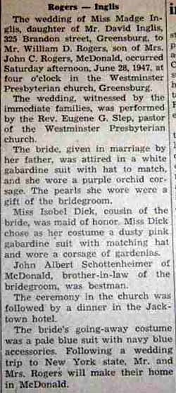 Marriage Notice for William D. ROGERS to Madge Inglis, 28 Jun 1947