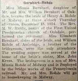Marriage Notice for Henry A. ROHDE to Minnie Bernhart, 18 Dec 1924