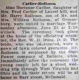 Marriage Notice for Harry ROLLOSON to Hortense Carlier, 22 Jun 1927