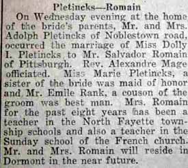 Marriage Notice for Salvador ROMAIN to Dolly I. Pletincks, no date, in 6-22-1922 paper