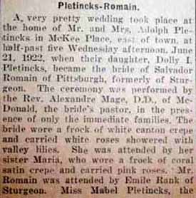 Part 1 Marriage Notice for Salvador ROMAIN to Dolly I. Pletincks, no date, in 6-22-1922 paper