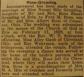 Marriage Notice for Fred M. ROSE to Naomi Hile Grumling, 11 Feb 1928