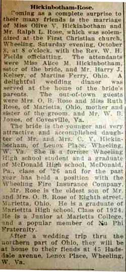 Marriage Notice for Ralph L. ROSE to Olive V. Hickinbotham, 8 Oct 1927