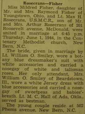 Marriage Notice for Max H. ROSECRANS to Mildred Fisher, 1 Jun 1944