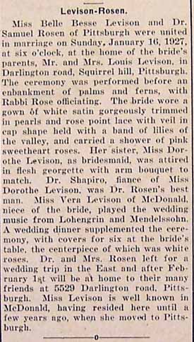 Article 1 Marriage Notice #1 for Dr. Samuel Josiah ROSEN to Belle Besse Levison, Sun., 16 Jan 1927