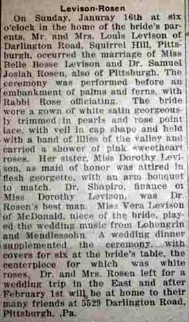 Article 2 Marriage Notice for Dr. Samuel Josiah ROSEN to Belle Besse Levison, 16 Jan 1927