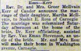 Marriage Notice for Nesbit E. ROSS to Martha McIlvain Kerr, no date, in 7-6-1918 paper