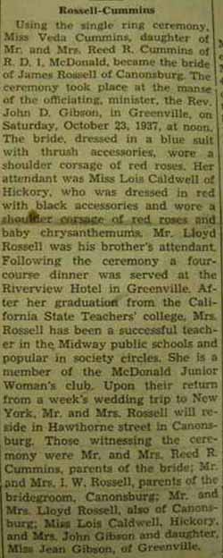 Marriage Notice for James ROSSELL to Veda Cummins, 23 Oct 1937