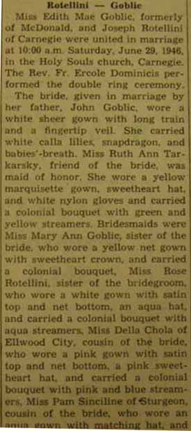 Part 1 Marriage Notice for Joseph ROTELLINI to Edith Mae Goblic, 29 Jun 1946