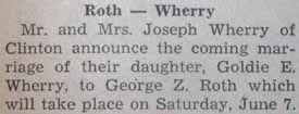 Marriage Notice for George Z. ROTH to Goldie E. Wherry, 7 Jun 1947