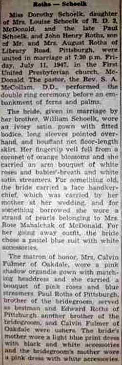 Part 1 Marriage Notice for John Henry ROTHS to Dorothy Schoelk, 11 Jul 1947