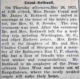 Marriage Notice for James A. ROTHWELL to Bessie Cozad, 26 May 1921