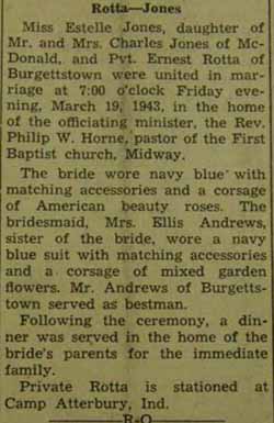 Marriage Notice for Ernest ROTTA to Estelle Jones, 19 Mar 1943