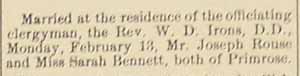 Marriage Notice for Joseph ROUSE and Miss Sarah BENNETT, Monday, February 13, 1911