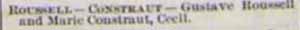 Marriage Notice for Gustave ROUSSELL to Marie Constraut, no date, in 3-6-1897 paper