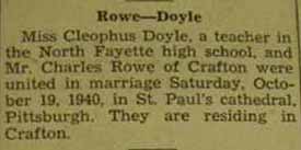 Marriage Notice for Charles ROWE to Cleophus Doyle, 19 Oct 1940