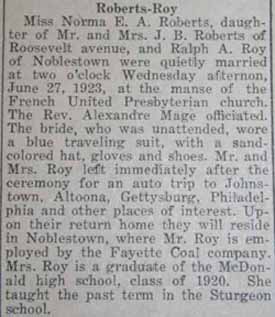 Marriage Notice for Ralph A. ROY to Norma E. A. Roberts, 27 Jun 1923