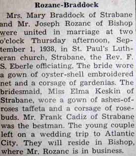 Marriage Notice for Joseph ROZANC to Mrs. Mary Braddock, 1 Sep 1938