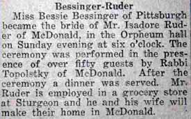 Marriage Notice for Isadore RUDER to Bessie Bessinger, no date, in 2-1-1923 paper