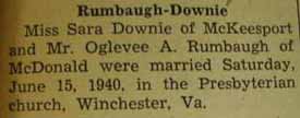 Marriage Notice for Oglevee A. RUMBAUGH to Sara Downie, 15 Jun 1940