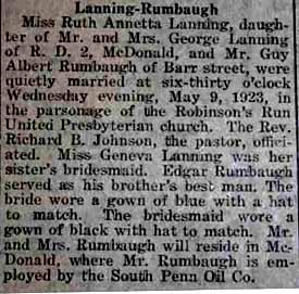 Marriage Notice for Guy Albert RUMBAUGH to Ruth Annetta Lanning, 9 May 1923