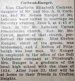 Nelson RUNGER to Charlotte Elizabeth Cochran, 8 Jun 1929