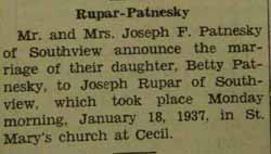 Marriage Notice for Joseph RUPAR to Betty Patnesky, 18 Jan 1937