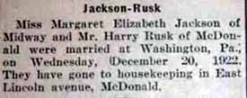 Marriage Notice for Harry RUSK to Margaret Elizabeth Jackson, 20 Dec 1922