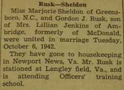 Marriage Notice for Gordon J. RUSK to Marjorie Sheldon, 6 Oct 1942