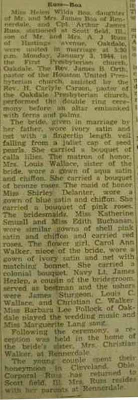 Marriage Notice for Arthur James RUSS to Helen Wilda Boa, 3 Jan 1944