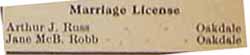 Arthur J. RUSS to Jane McB. ROBB, Marriage License, March 1915