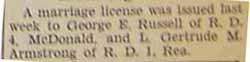 Marriage License for George E. RUSSELL to L. Gertrude ARMSTRONG