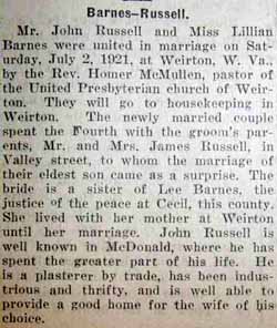 Marriage Notice for John RUSSELL to Lillian Barnes, 2 Jul 1921