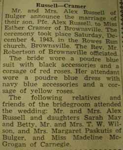 Marriage Notice for Alex RUSSELL to Esther Cramer, 4 Dec 1943