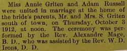 Marriage Notice for  Adam RUSSELL to Annie Griten, 3 Oct 1912