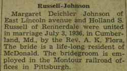 Marriage Notice for  Holland S. RUSSELL to Margaret Deichler Johnson, 3 Jul 1936