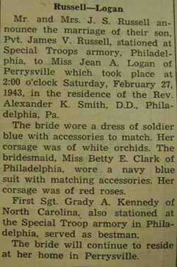 Marriage notice for James V. RUSSELL to Jean A. Logan, 27 Feb 1943