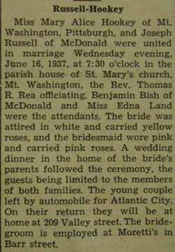 Marriage notice for Joseph RUSSELL to Mary Alice Hookey, 16 Jun 1937