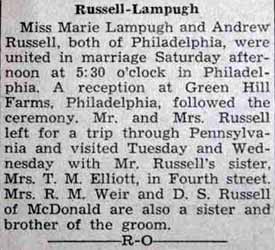 Marriage Notice for Andrew RUSSELL with 2 L'sto Marie Lampugh, no date, in 7-5-1935 paper]