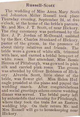 Wedding of Johnston Miller RUSSELL to Anna Mary Scott, 24 Sep 1914