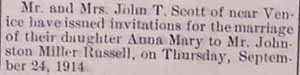 Wedding Invitations sent for Johnston Miller RUSSELL to Anna Mary Scott, 24 Sep 1914
