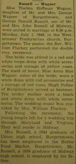 Marriage Notice for George Donald RUSSELL to Thelma Hoffman Wagner, 1 Jul 1946