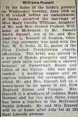 Marriage Notice for Donald Smith RUSSELL to Mary Cecelia Williams, 10 Jun 1925