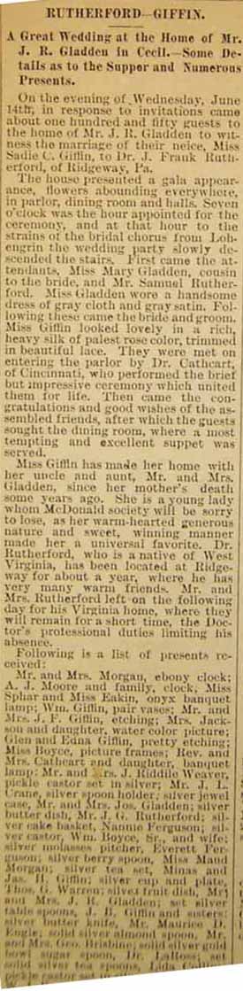 Marriage Notice for J. Frank RUTHERFORD to Sadie C. Giffin, 14 Jun 1893