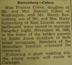Marriage Notice for Henry RUTTENBERG to Frances Cohen, 30 Nov 1940