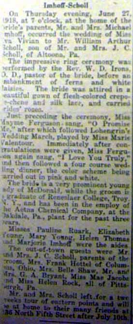 Marriage Notice for William Arthur SCHOLL to *va Vivian Imhoff, 17 Jun 1918