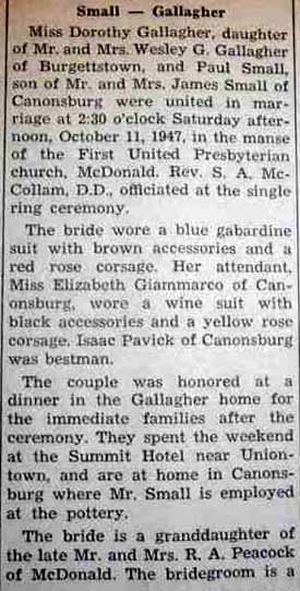 Part 1 Marriage Notice for Paul SMALL to Dorothy Gallagher, 11 Oct 1947