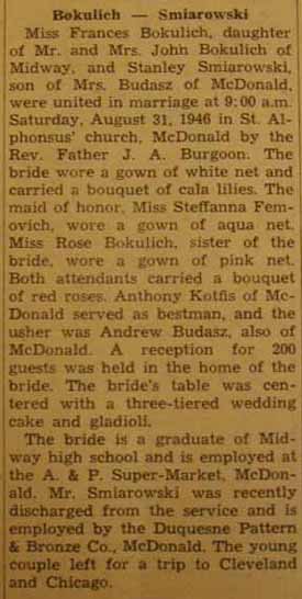 Marriage Notice for Stanley SMIAROWSKI to Frances Bokulich, 31 Aug 1946