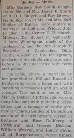 Part 1 Marriage Notice for Ray Brownlee SMILEY to Barbara Jean Smith, 18 Jul 1947