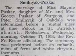 Part 1 Marriage Notice for Peter SMILNYAK to Mayme Puskar, 17 Oct 1934